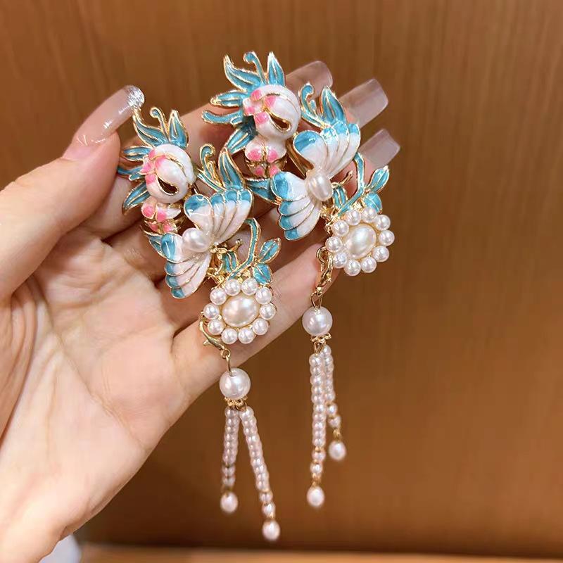 Chinese Style Enamel Butterfly Tassel Hairpin Women'S Hanfu Ancient Style Side Clip Hair Accessory