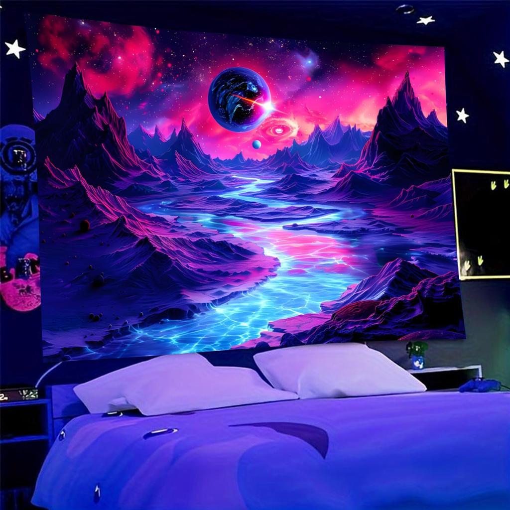TUGCAY Blacklight Planet and Mountain River Tapestry Galaxy Space Tapestries UV Reactive Fantasy Nature Landscape Tapestry Wall Hanging for Room Home