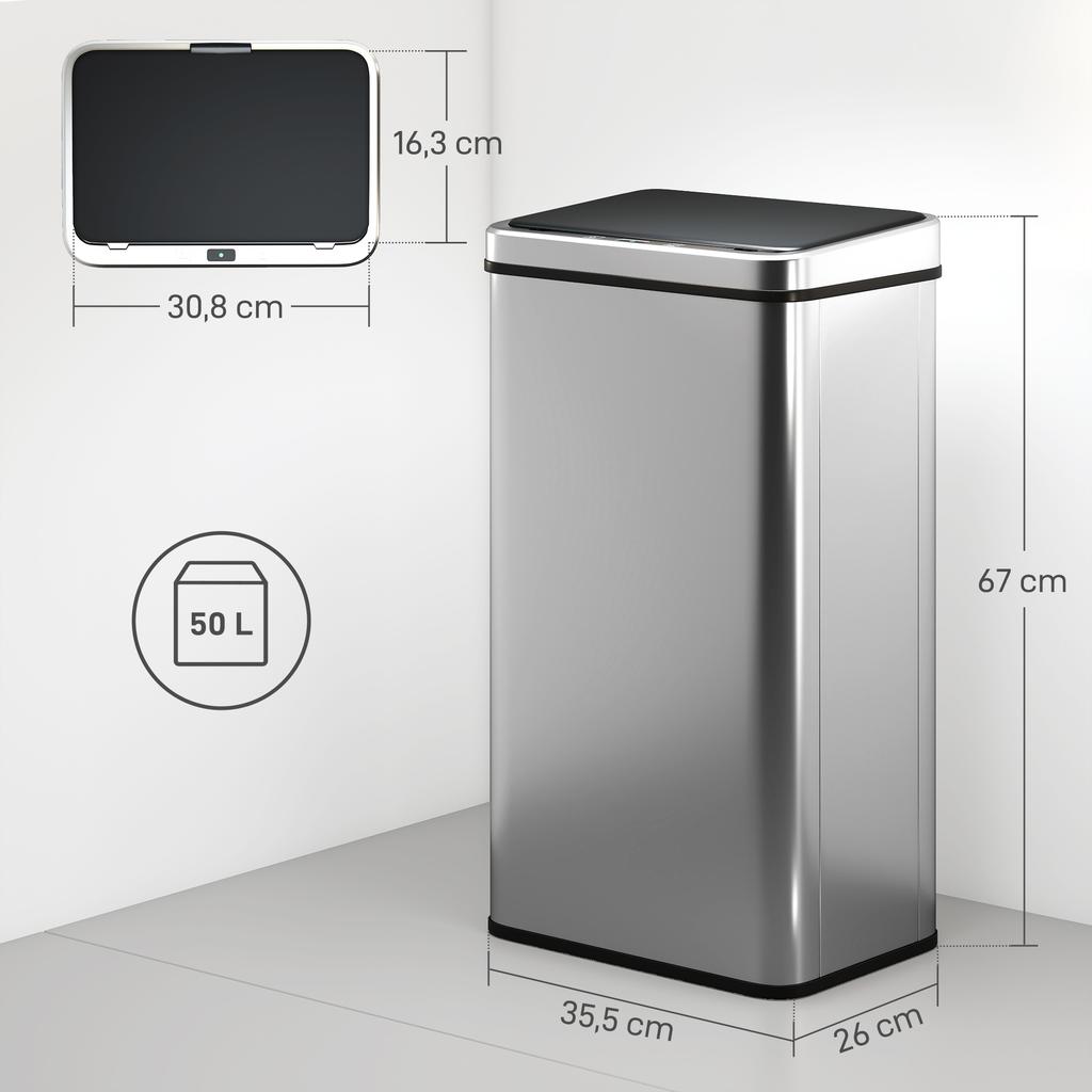 Sensor Trash Can 50L Stainless Steel Automatic Trash Can with Soft-Close Lid Motion Sensor 35.5 X 26 X 67 Cm Silver