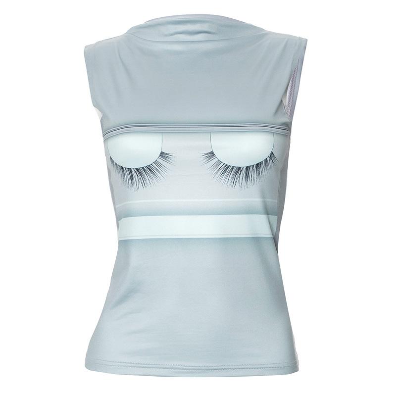 

Блузка без рукавов с принтом ресниц, круглый вырез, женская блузка для похудения L синий