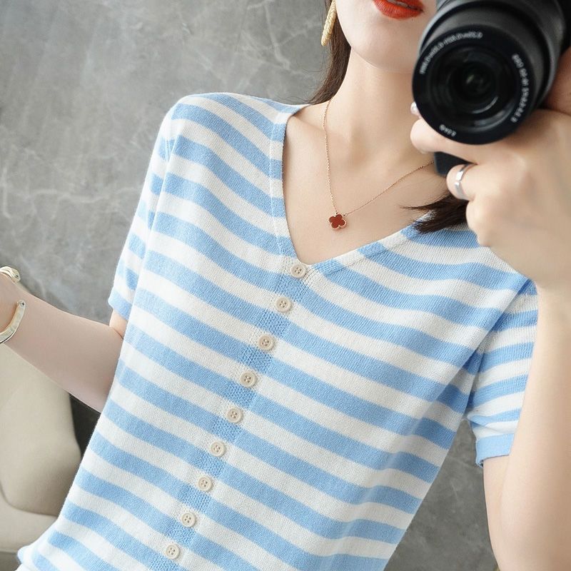 

Полосатая футболка из ледяного шелка с короткими рукавами, женская свободная корейская рубашка большого размера 4XL светло-синий