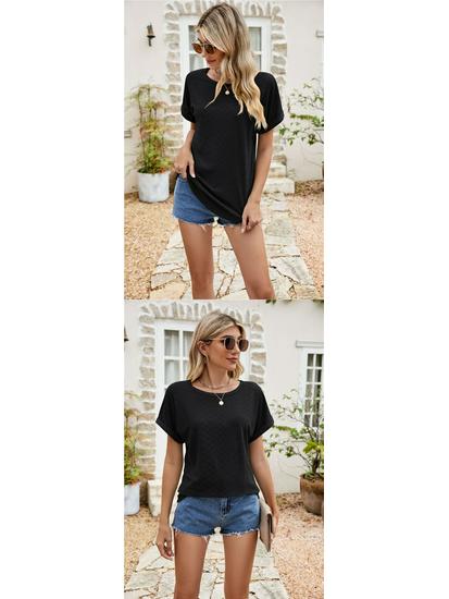 Women's Eyelet Summer Round Neck Short Sleeve Casual T-shirt