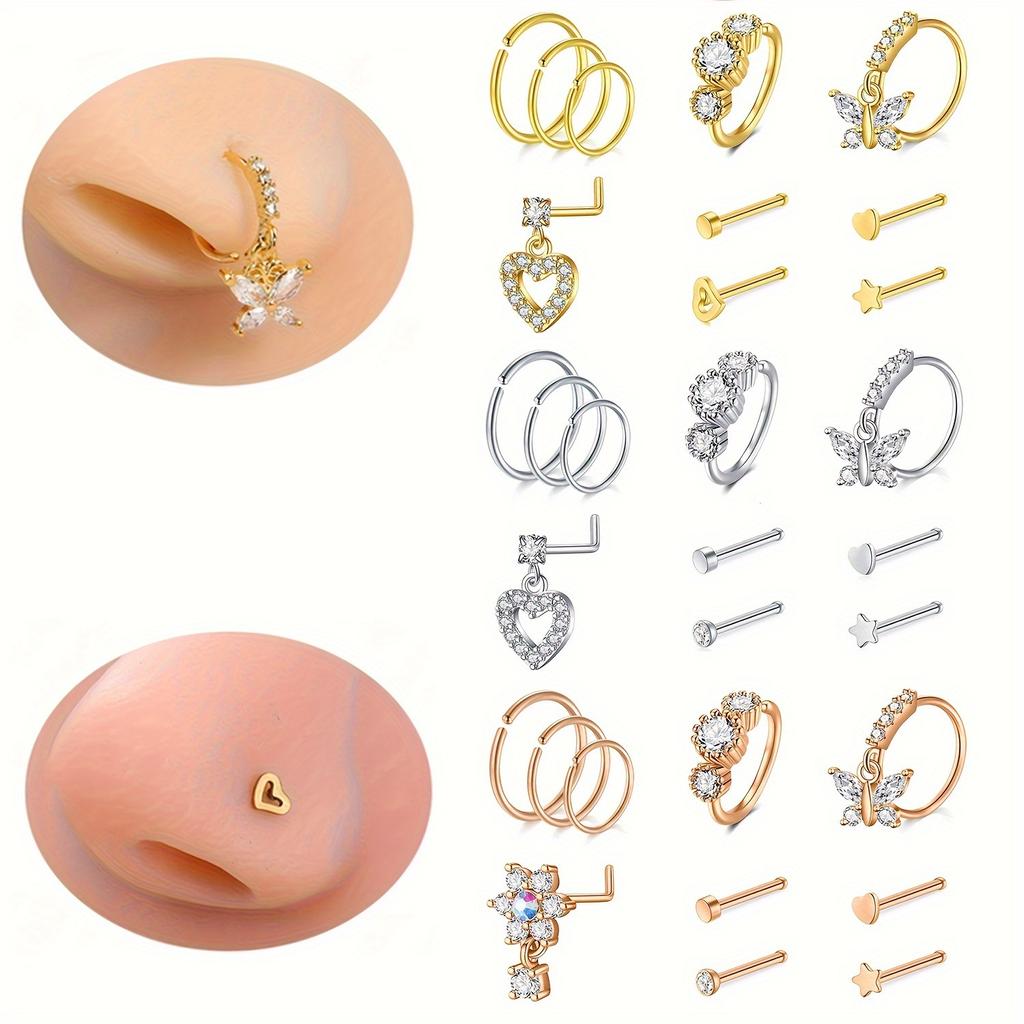 10pcs 20G Stainless Steel Nose Jewelry Set,Nose Piercing Rings with Zirconia, Heart Pendant, Straight Bar, Hoops