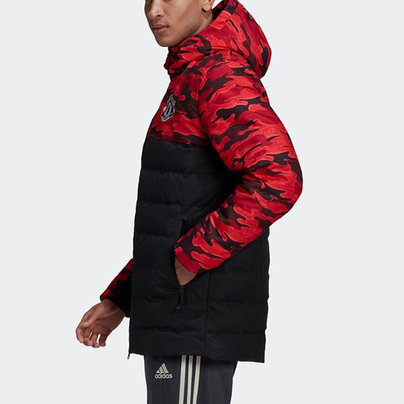 Adidas Manchester United Camouflage Spliced Sports Hooded Down Jacket Winter Men Outerwear Black Red FR3871