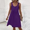 Women's U Neck Sleeveless A Line Mini Dress Solid Color Front Pleated Casual Tank Sundress