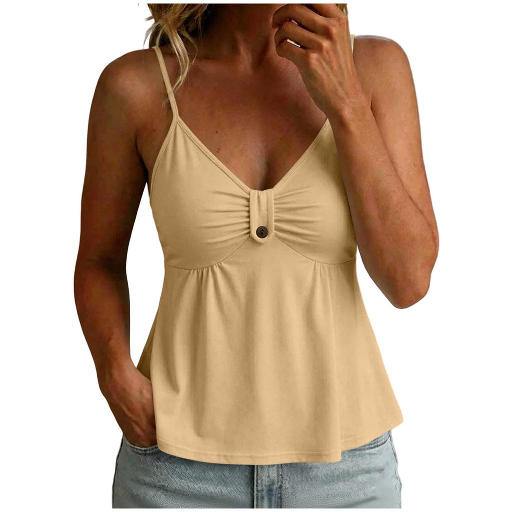 Women’s Casual V Neck Spaghetti Strap Tank Top Button Detail Sleeveless Loose Fit Summer Camisole Blouse Top