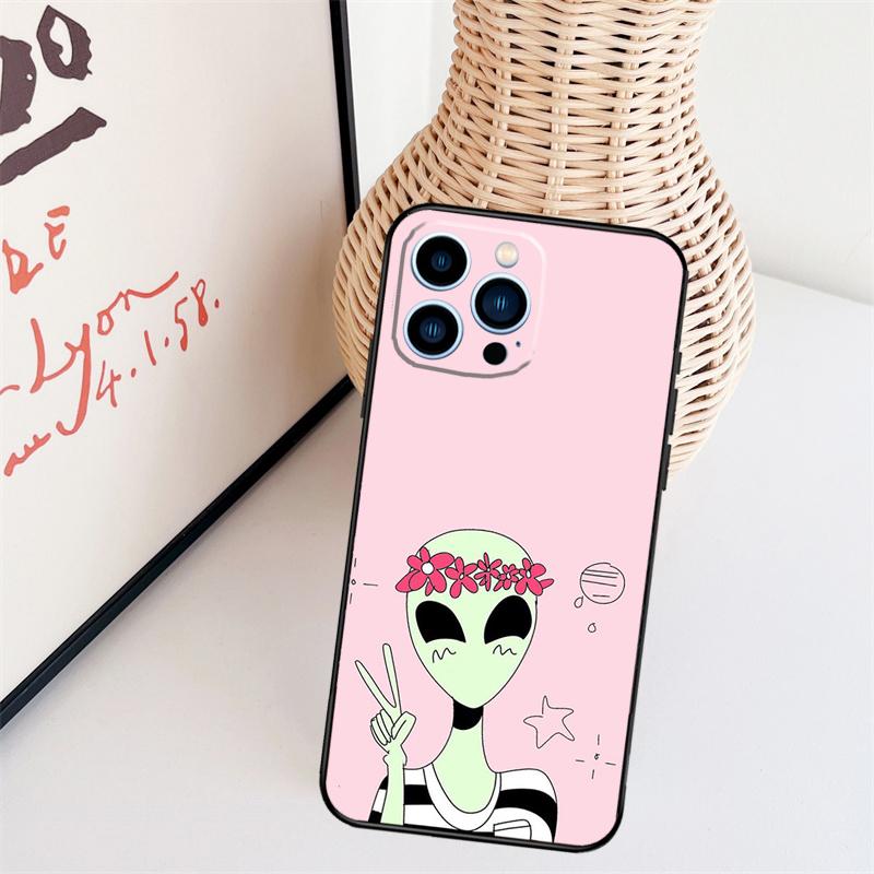 Cartoon Space Alien UFO Case For iPhone 11 12 13 14 16 15 Pro Max Mini X XS Max XR Plus Cover Coque