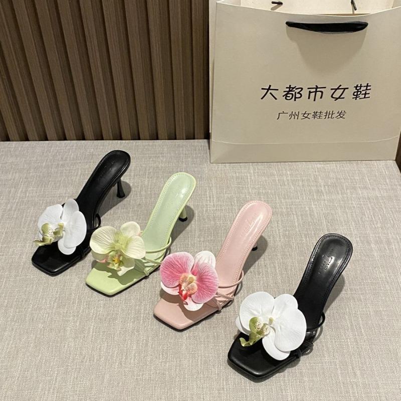 Flower Decoration Women Slippers Hawaiian Bohemian Vacation Style Women High Heel Slippers Square Head Open-toed Slippers Slides