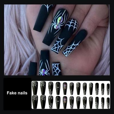 1 Set Halloween Spider Web Fake Nails with Glue Gothic Black Long Nail