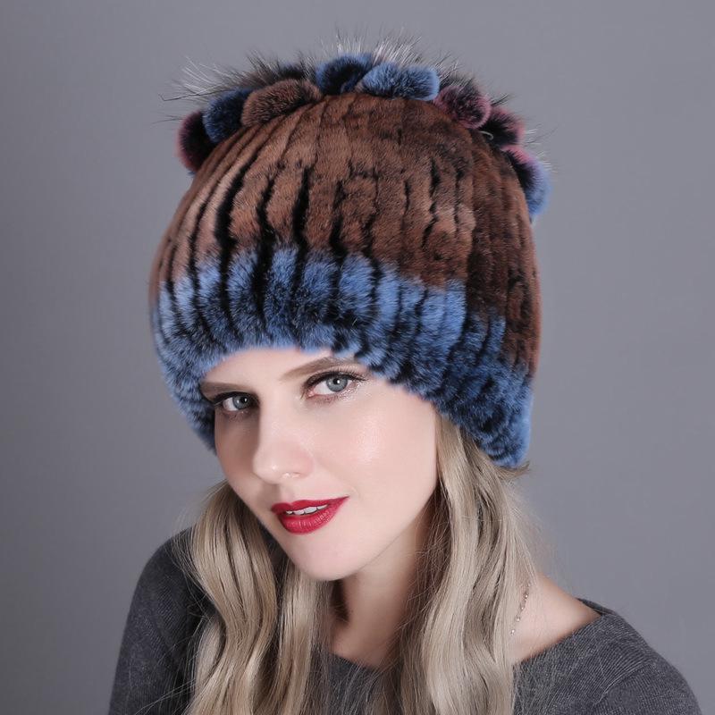 Colorful Rex Rabbit Fur Knitted Women's Warm Winter Hat