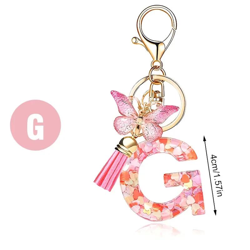 A-Z Dreamy Letters Keychain for Women Tassels Butterfly Pendant Initial Keyrings Purse Suspension Bags Car Key Chain Pink