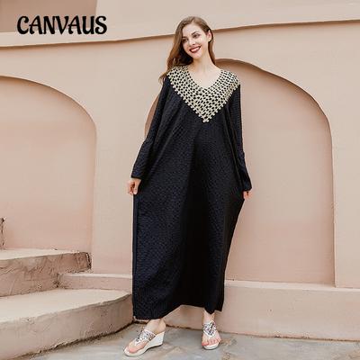 Spring and Autumn Women's Plus Size Dress Solid Color Loose V-Neck French Mid-Length Dress