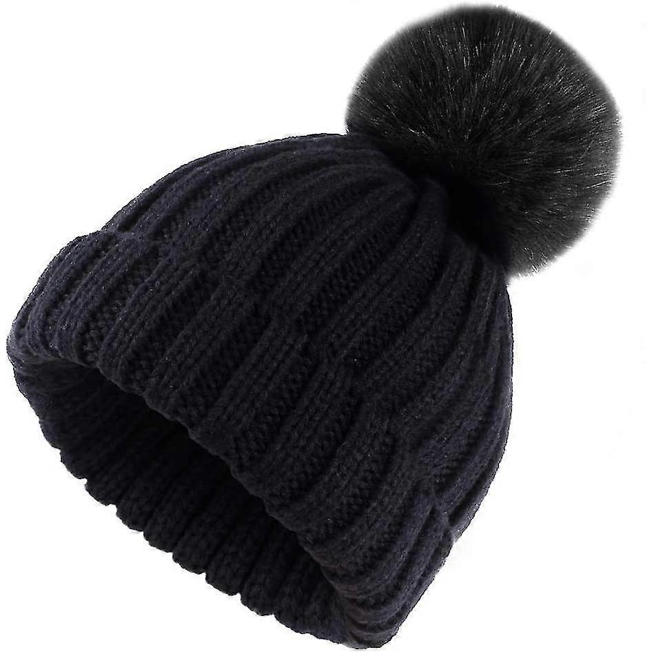 Lmell Beanie Hat With Large Faux Fur Bobble Pom Pom Fur Knitted Hat For Outdoor Camping Ski Caps