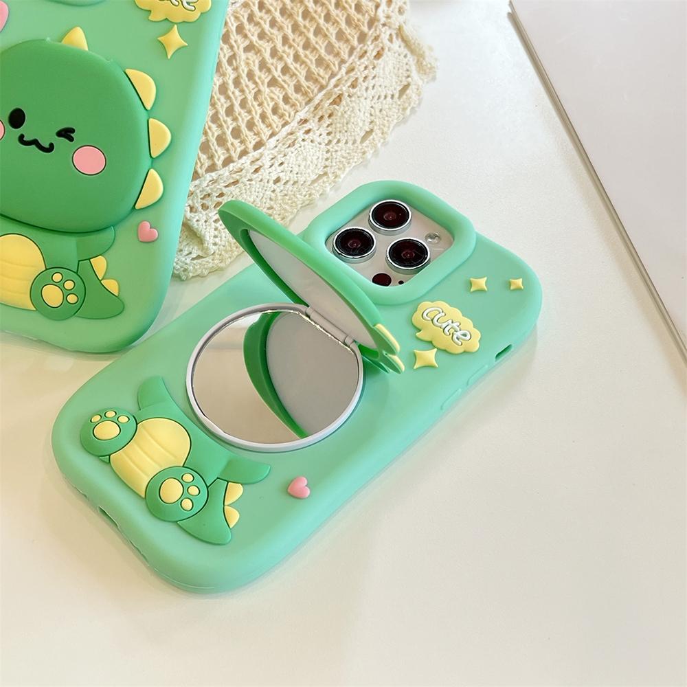 3D Schattige Dinosaurussen Verbergen Make-up Spiegel Hoesje voor IPhone 16 Promax 15 14 13 Pro Plus Cartoon Schokbestendig Achterkant Hoesje