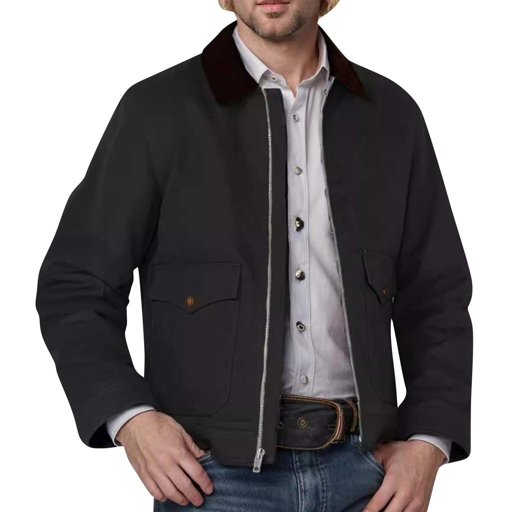Men's Lapel Zipper Casual Jacket With Colorblock Collar And Large Pockets Long Sleeves