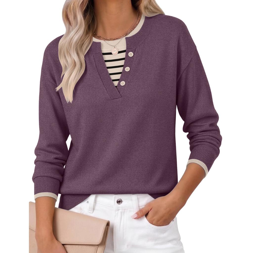 Women's Fashion Casual Long Sleeve V Neck Knit Sweater Top for Fall and Everyday Wear