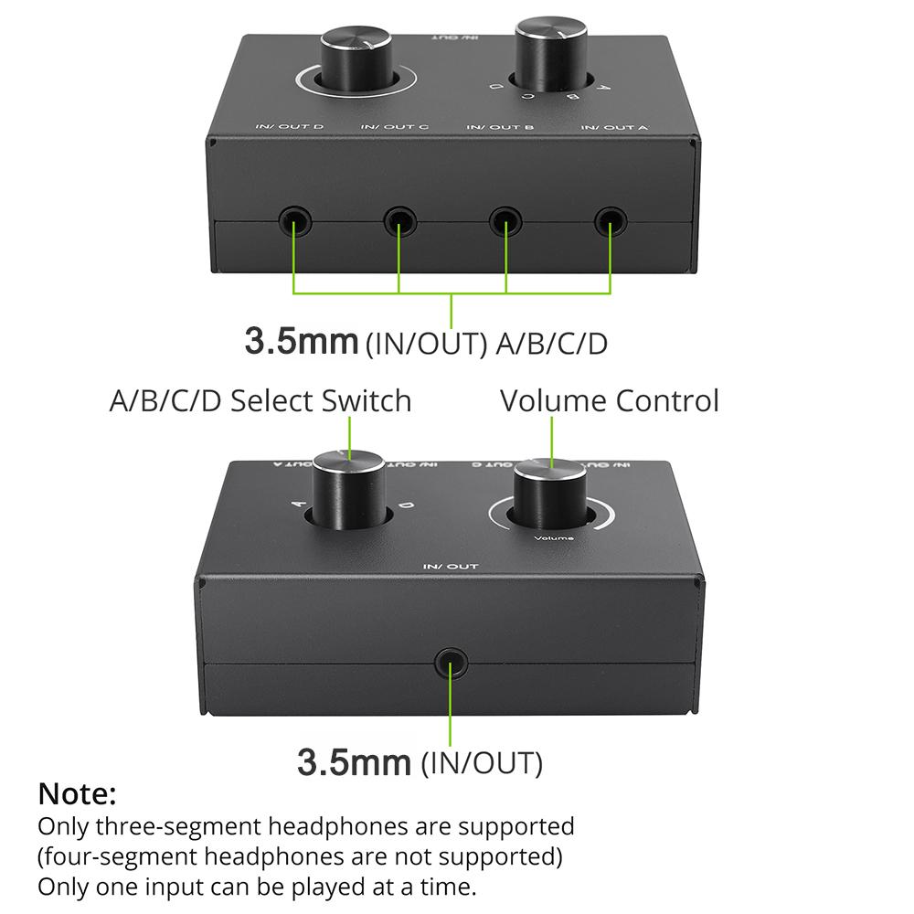 Bi-Directional Audio Switcher 2/4 Way 3.5mm Stereo Audio Switch 2x1/1x2 4x1/1x4 with Mute Button for PC Headphones Speaker