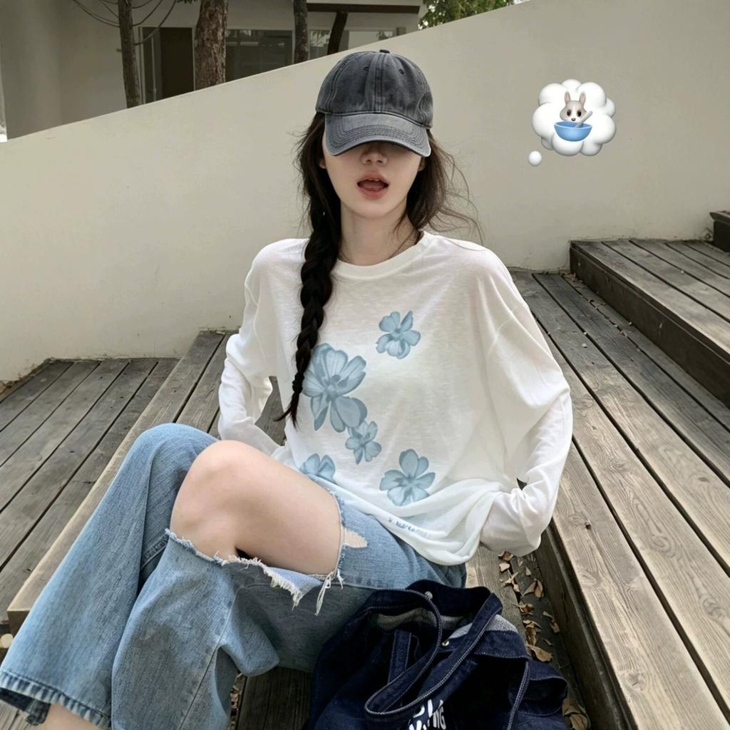 Lazy Korean Thin Loose Round Neck Sunscreen Long-sleeved T-shirt Women's Spring and Summer New Flower Print Blouse Top