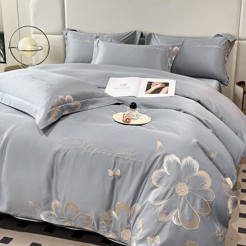 Hepburn Series: Luxurious Floral Embroidery Cotton Bed Sheet Set - Skin-Friendly, Fitted Style, Four-Piece