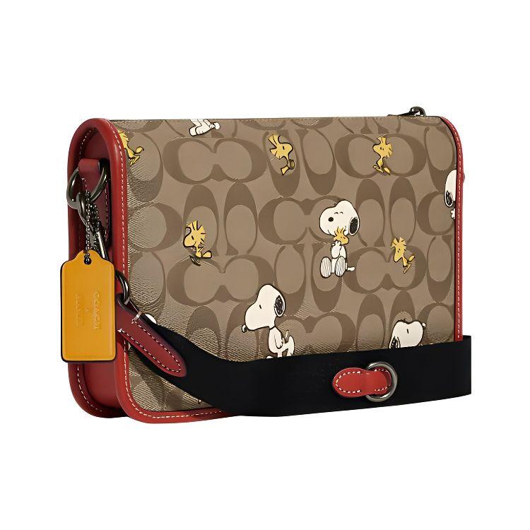 Coach X Peanuts Snoopy Heritage 25 Stampa Cartoon Monogramma Tela Rivestita e Pelle di Vitello Borsa a Spalla Donna Borsa a Spalla Marrone Rosso CE709-QBE7V