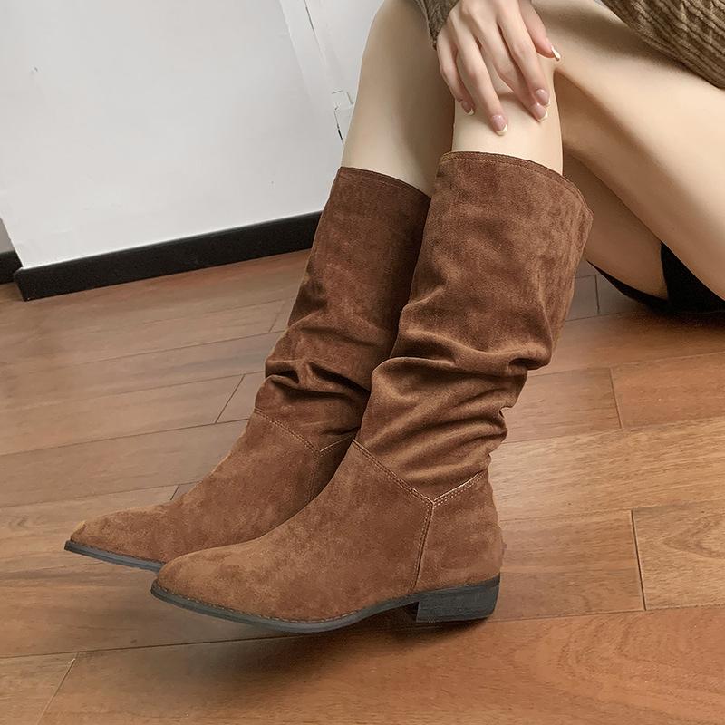 2025 summer, autumn and winter new fashion boots women's thick heel pointed street retro suede low heel high boots