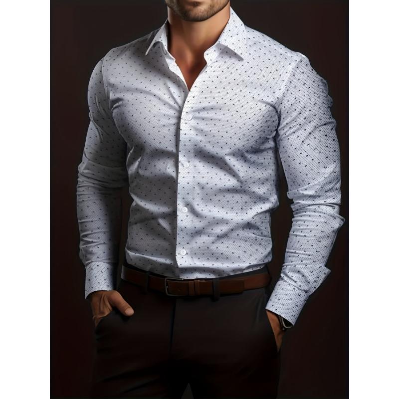 Plus Size Men s Simple Moon Print Dress Shirt, Mature Long Sleeve Button- for Spring/Autumn, PLUS SIZE S