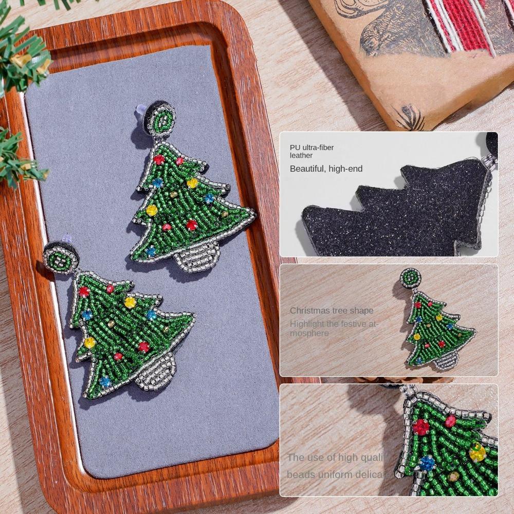 Green Handmade Beaded Ear Drop Bright Rhinestone Christmas Tree Stud Earrings  Girls