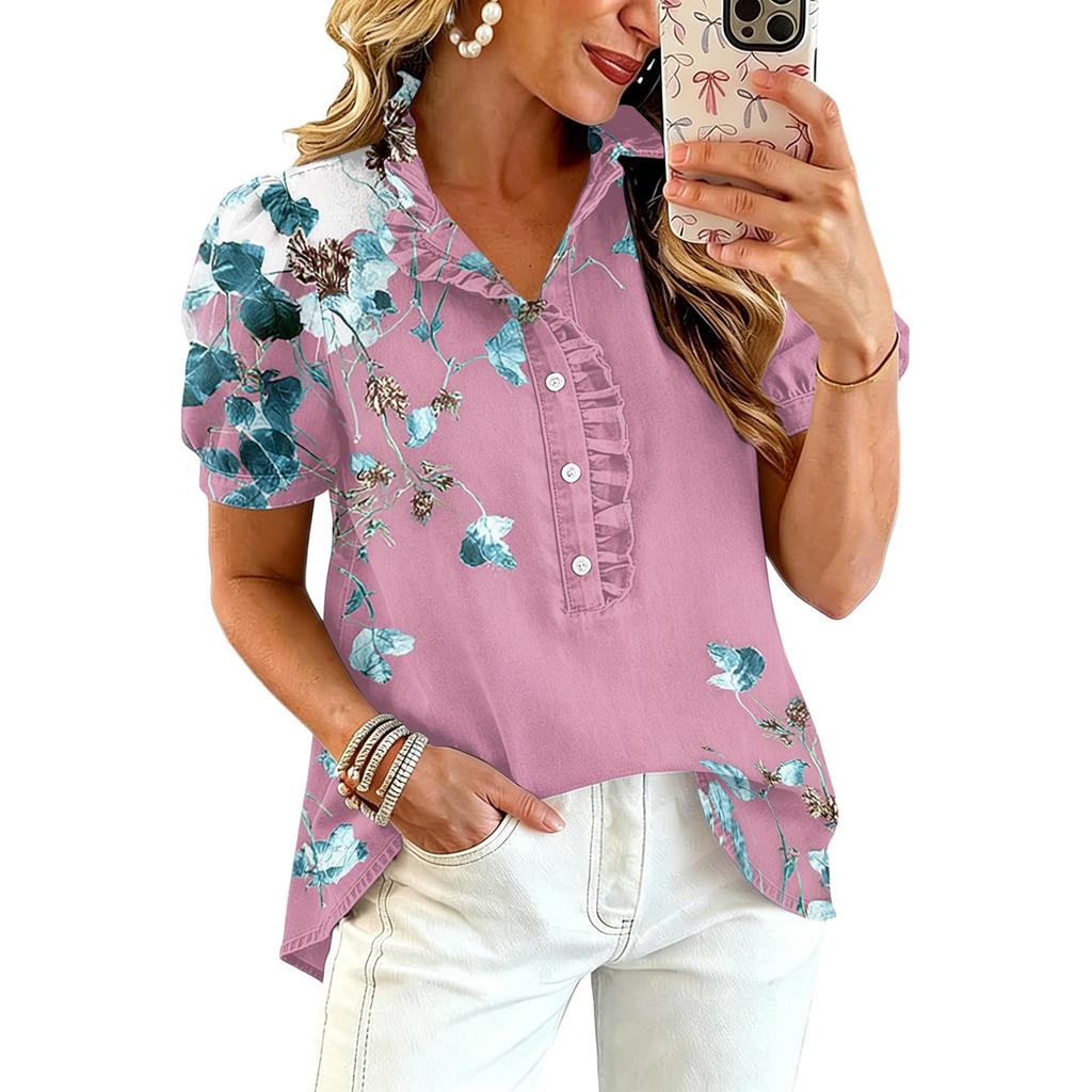 Women Ruffle V Neck Floral Print Short Sleeve Blouse Casual Loose Fit Button Down Top for Daily Office Wear
