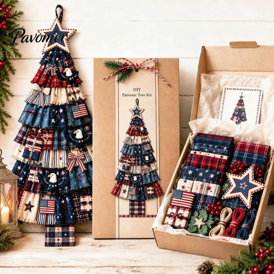 Cadeau d'artisanat de Noël pour adultes Kit d'arbre patchwork surdimensionné à faire soi-même, Ensemble d'assemblage en tissu à carreaux rétro Art des fêtes et avec des ornements suspendus Maison