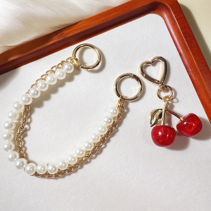 1/2Pcs  Pearl Cherry Lace Keychain Chain Bag Charm Braided Rope Fashionable Keychains For Backpack Pendant Accessories