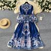 New Printted High Street Dresses For Women V Neck Long Sleeve Patchwork Sashes Temperament Dress Female Dresses
