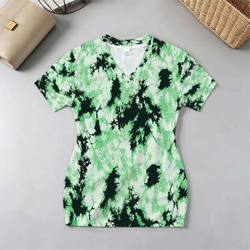 Women's V-Neck Tie-Dye Fitted Short Sleeve Mini Dress - Comfortable & Versatile for Beach Vacation Daily Casual