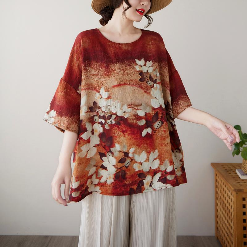 

DIMANAF 2025 Лето Плюс Размер Цветочный Плюс Размер Футболка Женская Короткий Рукав Винтаж Свободные Топы Футболки One Size красный