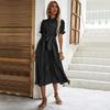 Women's Casual Crew Neck Polka Dot Printed Pleated Dress Short Long Sleeve Tie Spring Summer Mediumn