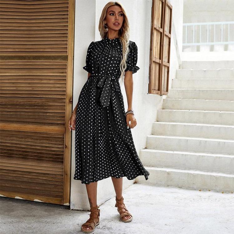 Women's Casual Crew Neck Polka Dot Printed Pleated Dress Short Long Sleeve Tie Spring Summer Mediumn