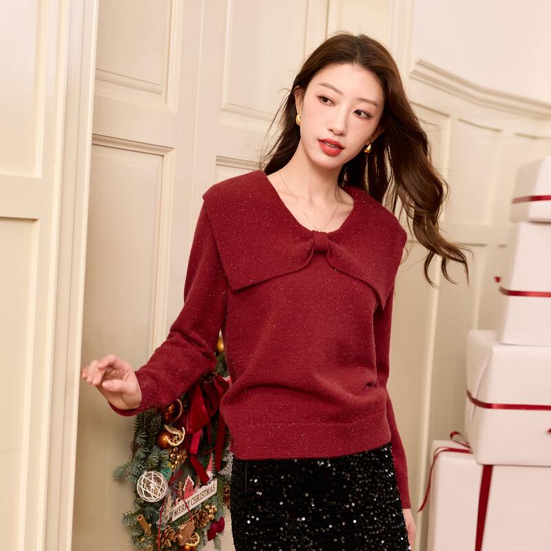 Sancai Plus Size Women's New Year Red Bow Lapel Knit Sweater