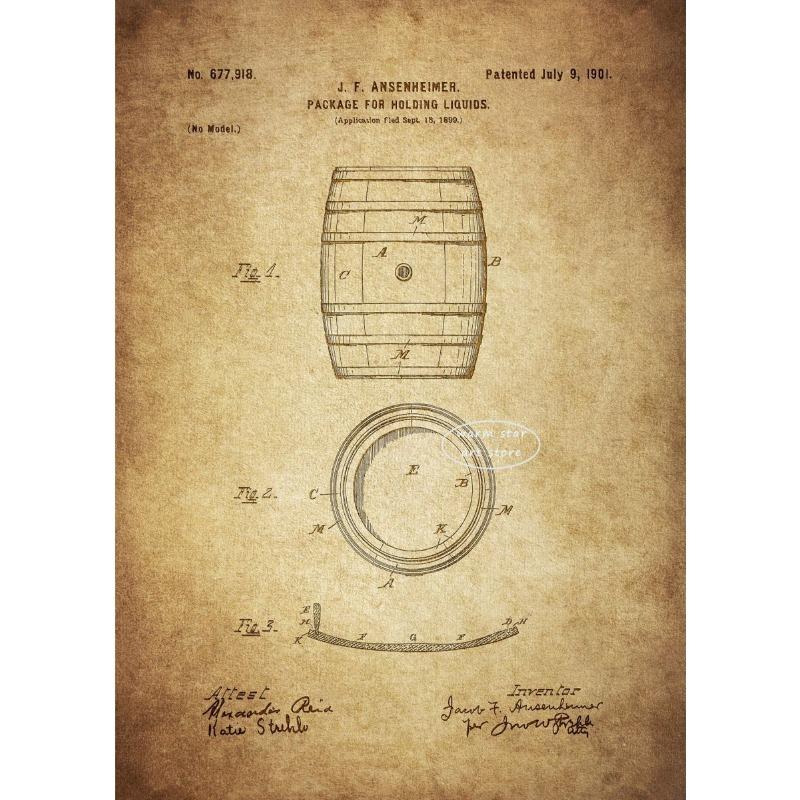 

Винтажный пивной бочонок, охладитель для бутылок, алкогольные патентные постеры, холст, ретро настенное искусство для паба, пивоварни, комнаты, домашнего декора 21cm×30cm NoFrame