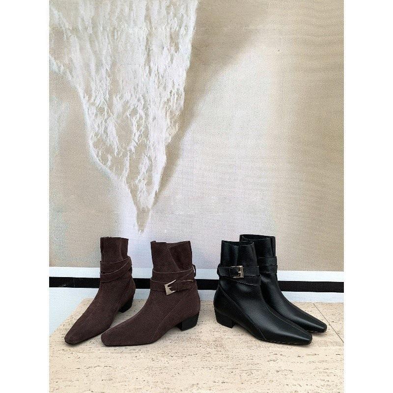 British style square head short boots new pedal thick heel belt buckle thin boots