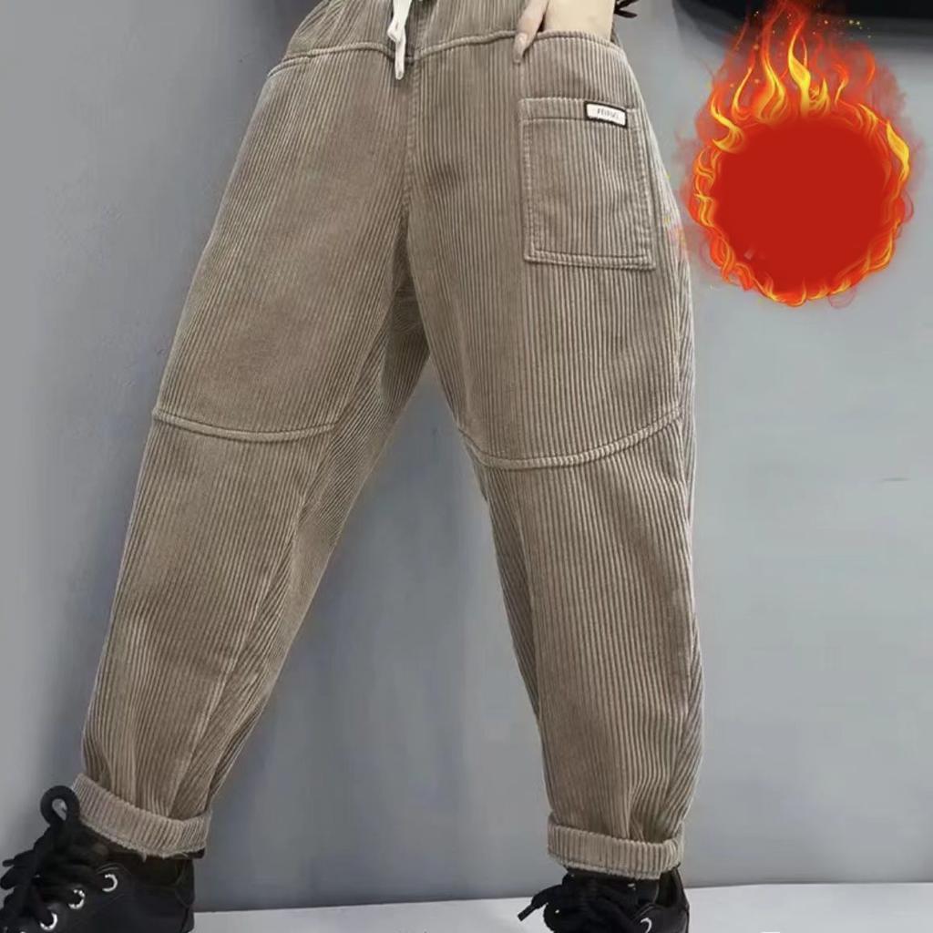 Women's Thickened Fleece Lined Corduroy Harlan Pants Winter Fashion Long Trousers Elastic Waist Loose Versatile Trendy