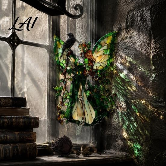 Home Interior Decorations Stained Glass Style Skeleton Fairy Window Hanging Suncatcher Acrylic Decorative Ornament with Butterfly Wings Garden Decor