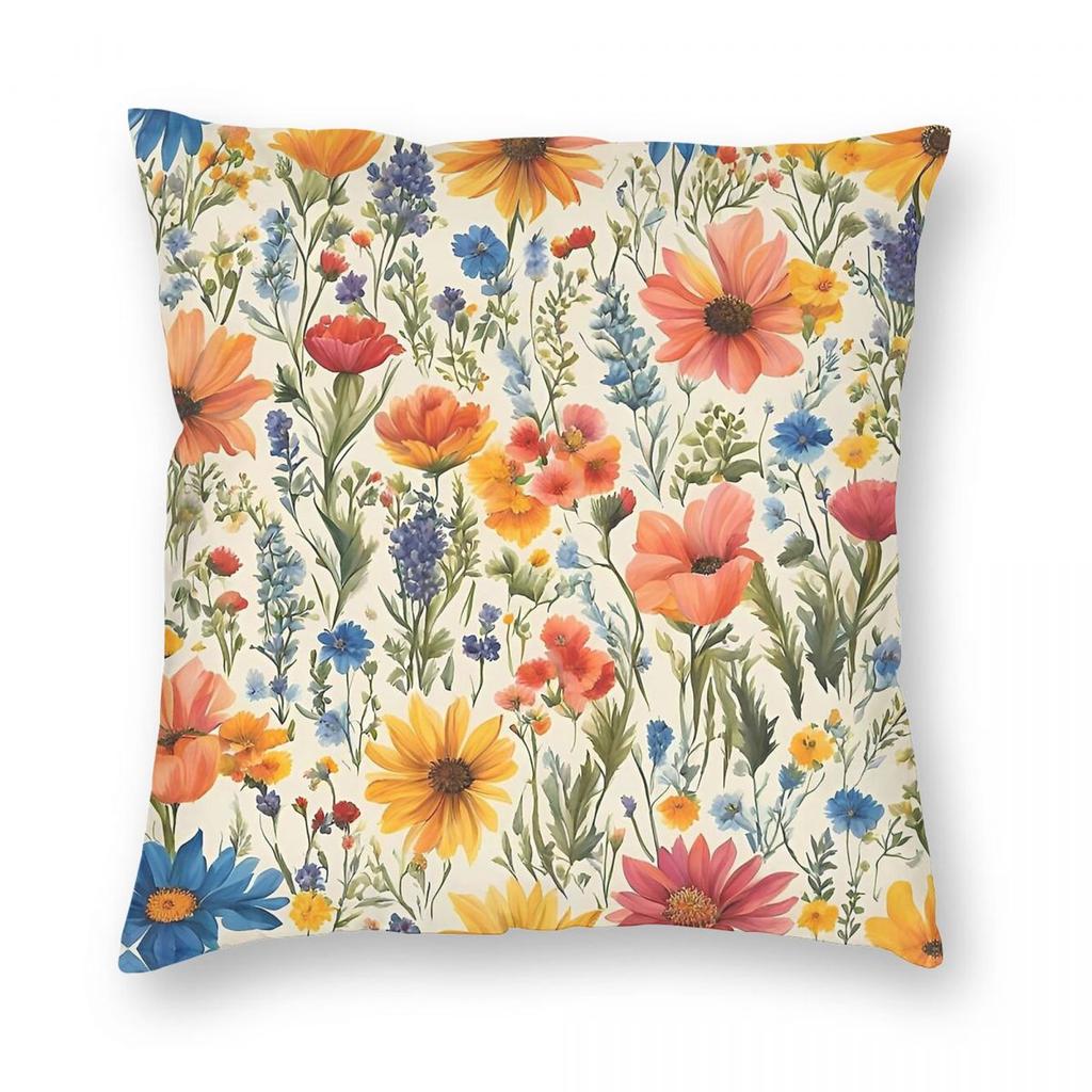 Burst Of Wildflower Cottagecore Square Pillowcase Polyester Linen Velvet Creative Zip Decor Room Cushion Cover