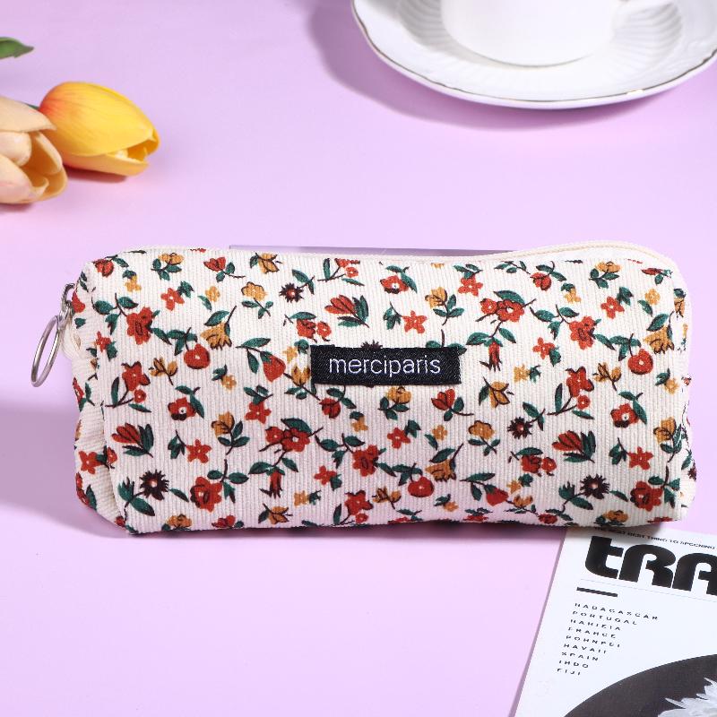 Vintage Corduroy Federmäppchen Retro Blumenmuster Federtasche Große Kapazität Schreibwaren Tasche Für Schüler Büro Make-up Aufbewahrung