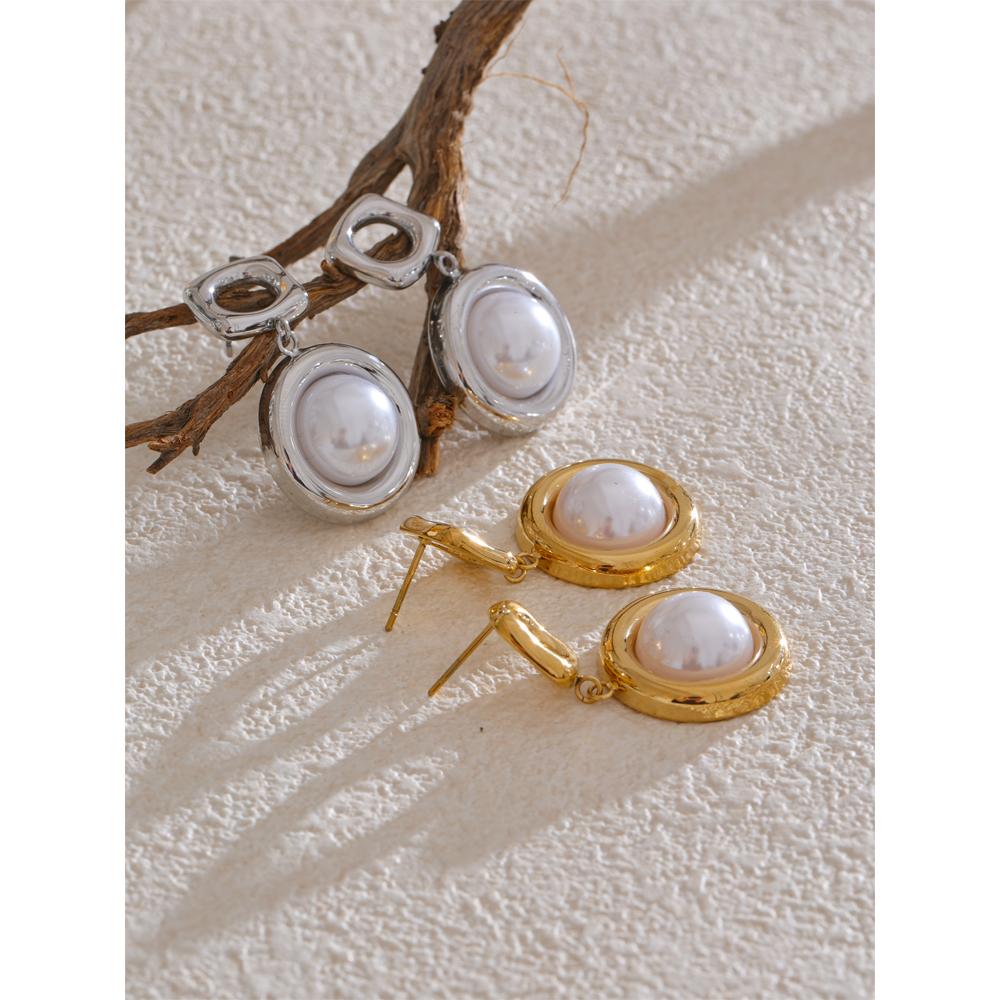 Yhpup Trending Simulated Pearls Round Drop Dangle Earrings for Women Korean Style Stainless Steel Charm Jewelry Prevent Allergy