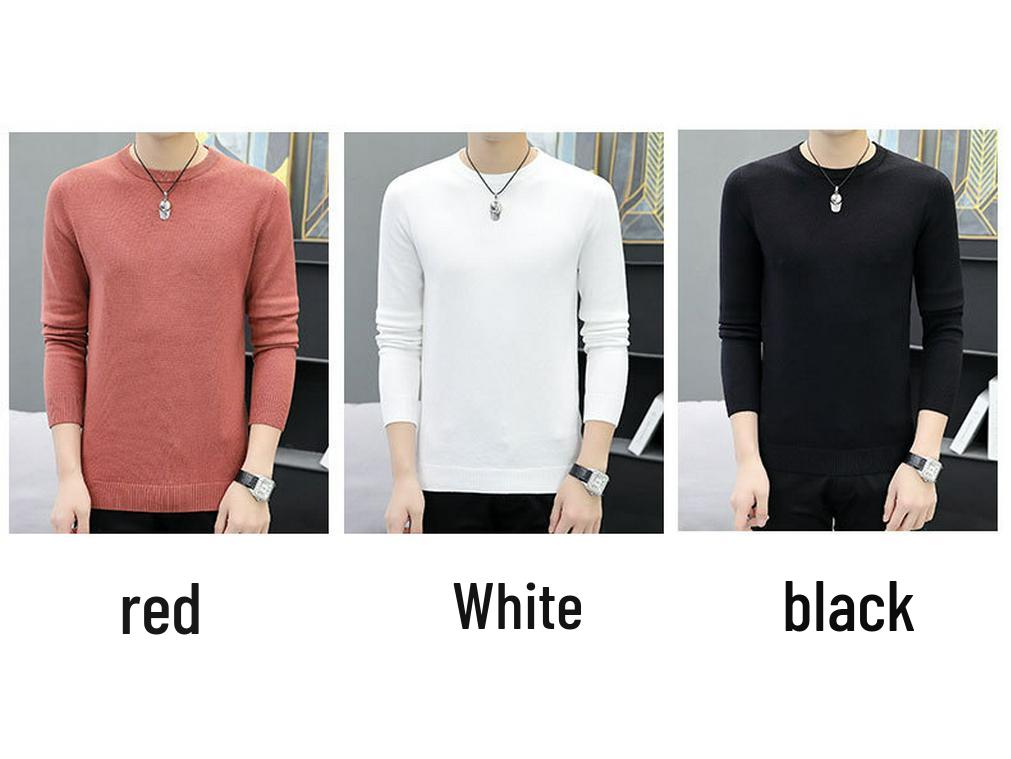Men's Slim Fit Round Neck Sweater: Long Sleeve, Thin Pullover, Solid Color, Plus Velvet Knitwear for Autumn/Winter.
