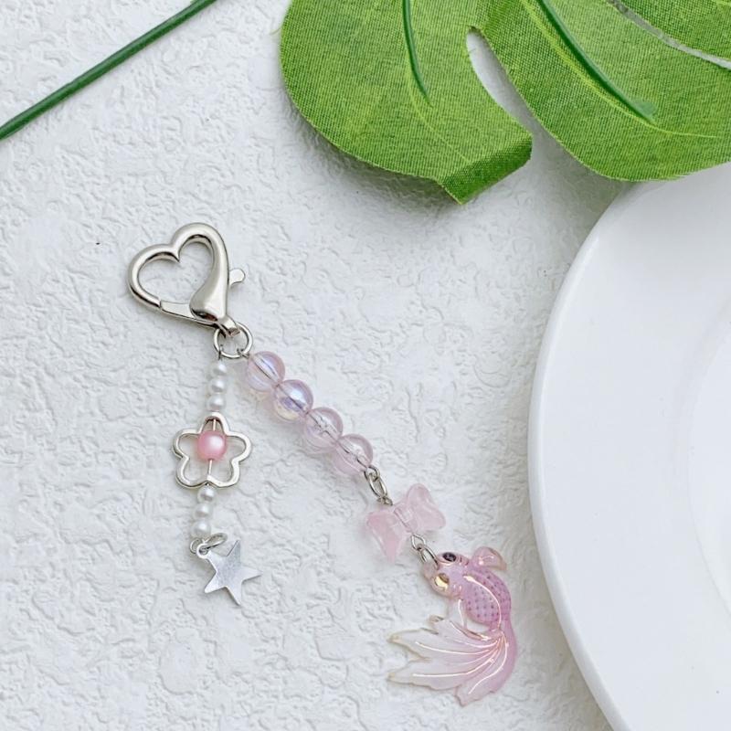 Goldfish Bead Charm Keychain with Star Bowknot Handmade Acrylic Keyring Pendant Fashion Accessory for Bags Backpacks
