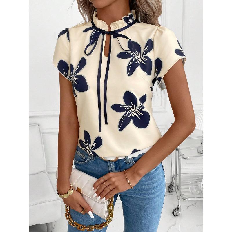 YYFS Women's Fashion Casual Summer Spring Flower Pattern Print Short Sleeve Stand-Neck Blouses & Shirts