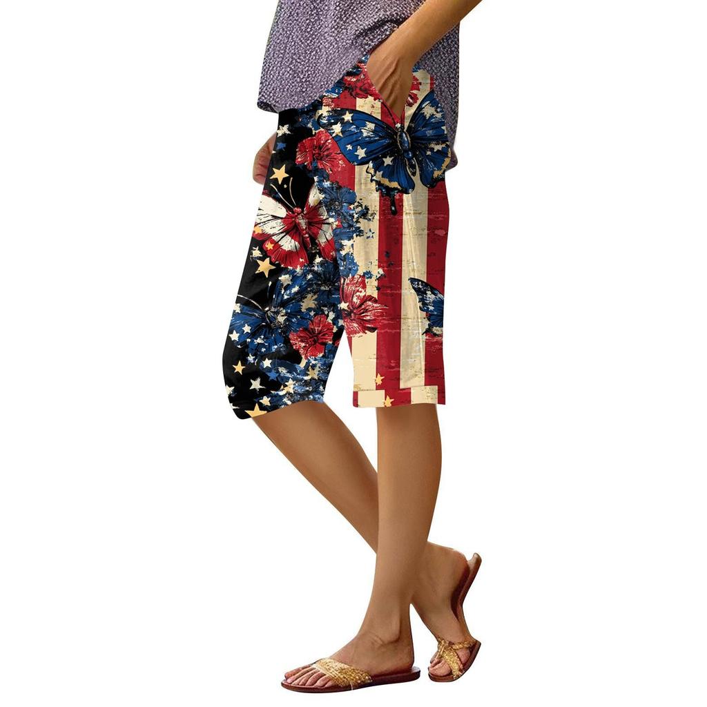 Damen-Shorts mit Druck, modische Tasche, elastische Taille, lässige Shorts