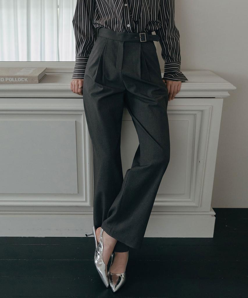 Illoje Double Tuck Wide Belted Slacks (Charcoal)