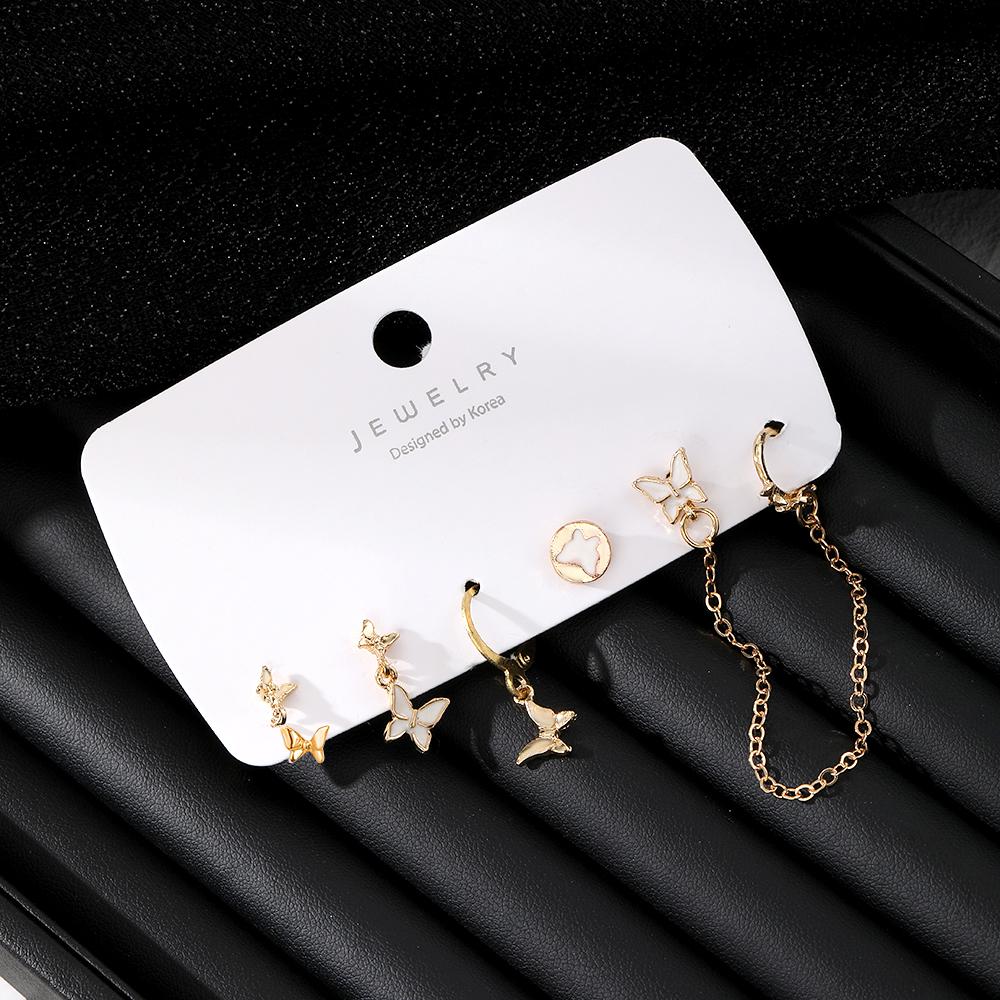 Weißgold, elegante Mädchen-Schmetterlings-Ohrringe, Studentin, Quaste, Glamour, sexy Nachtclub-Accessoires, Geschenk, weiße Tropfkette, Schmetterling, kardiert, 5er-Set Gold