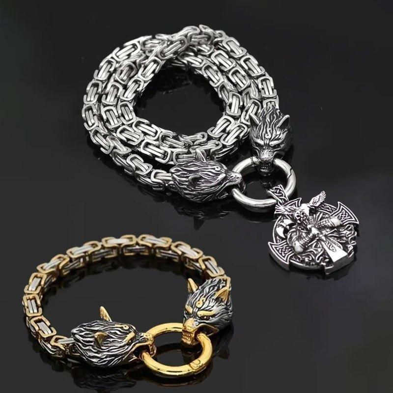 2-piece Viking Nordic Vintage Odin Raven Wolf Head Necklace and Wolf Head Bracelet золотистый